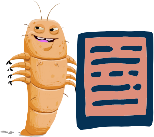 illustrated demodex mite standing next to a guide