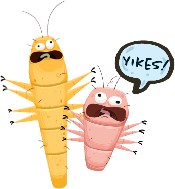 Illustrated demodex mite wearing an oversized thumb down icon glove
