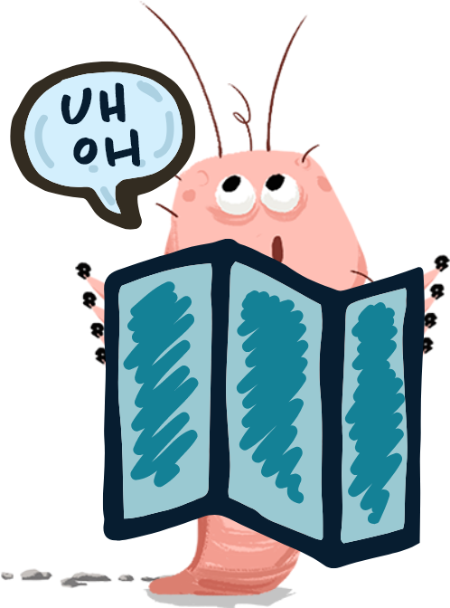 illustrated demodex mite holding a map and says uh oh in speech bubble