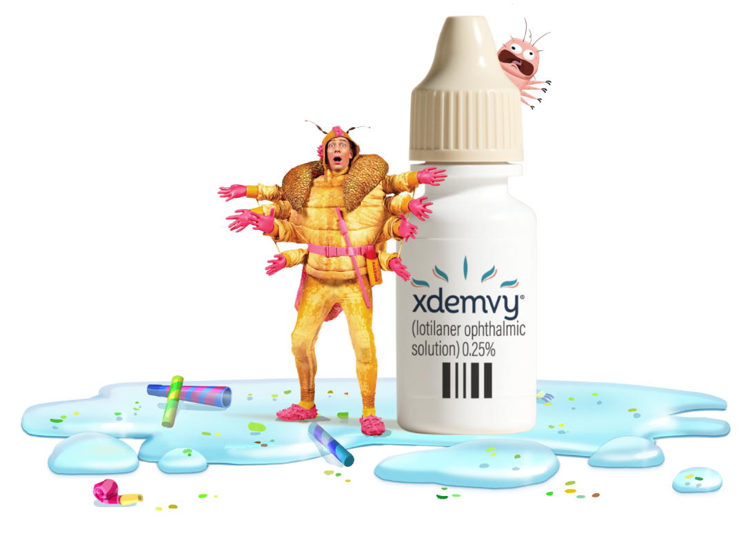 demodex mite peers around a bottle of XDEMVY next to party favors in a puddle of liquid