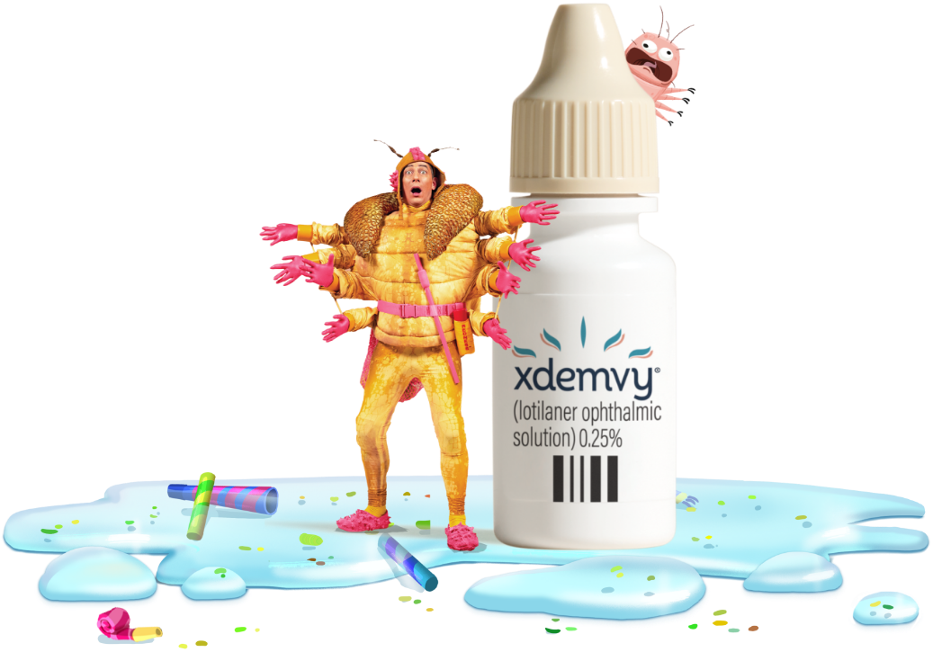 demodex mite peers around a bottle of XDEMVY next to party favors in a puddle of liquid